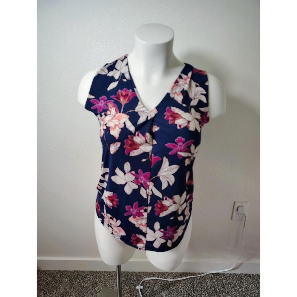Womens Sz M Floral Blue Top Pink Naif Boho Cottage Fiary Stretch Sleveless Blous